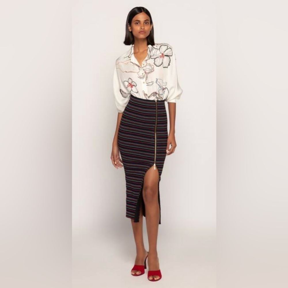 SAAKSHA & KINNI Silk Blend Striped Midi Skirt Front Zip Slit - NEW - Size S